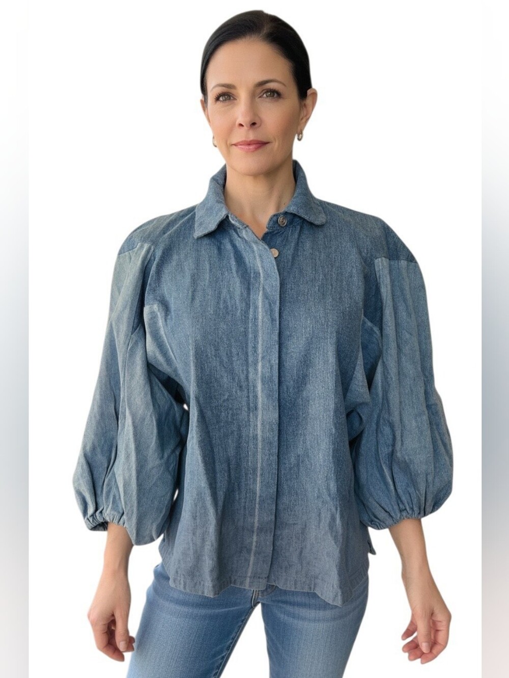 NWT 7 For All Mankind Balloon Star Sleeve Crop Denim Shirt Patchwork S - Picture 2 of 15